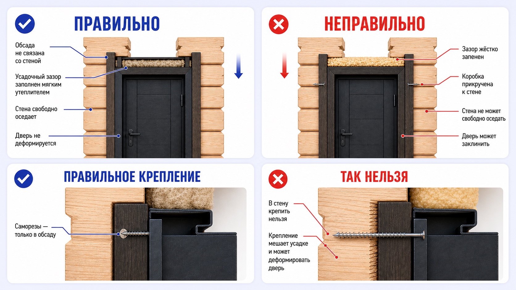 Сравнение правильной и неправильной обсады и крепления дверной коробки в деревянной стене